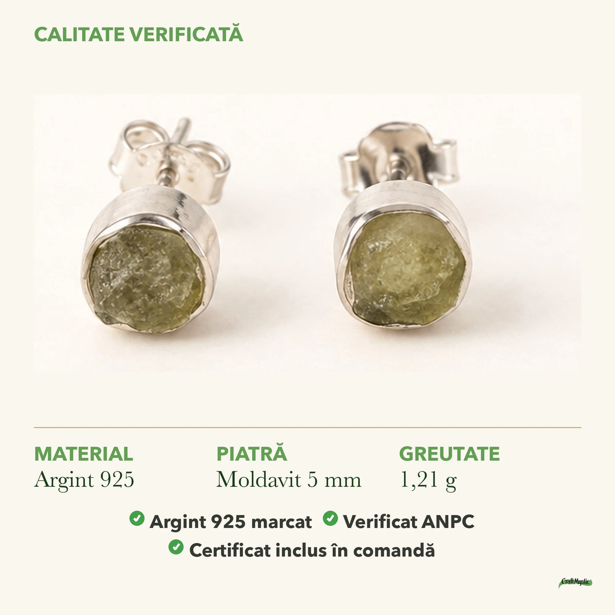 Cercei cu Moldavit: material, dimensiunea pietrei, greutate și marcajul 925