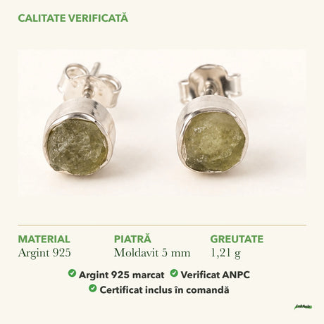 Cercei cu Moldavit: material, dimensiunea pietrei, greutate și marcajul 925