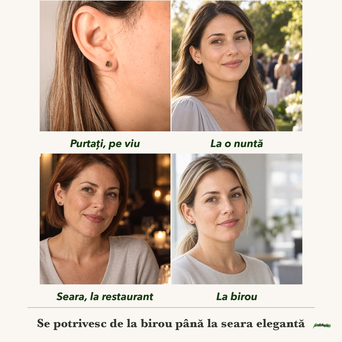 Cercei cu Moldavit purtați de patru femei, la nuntă, seara, la birou și la o aniversare