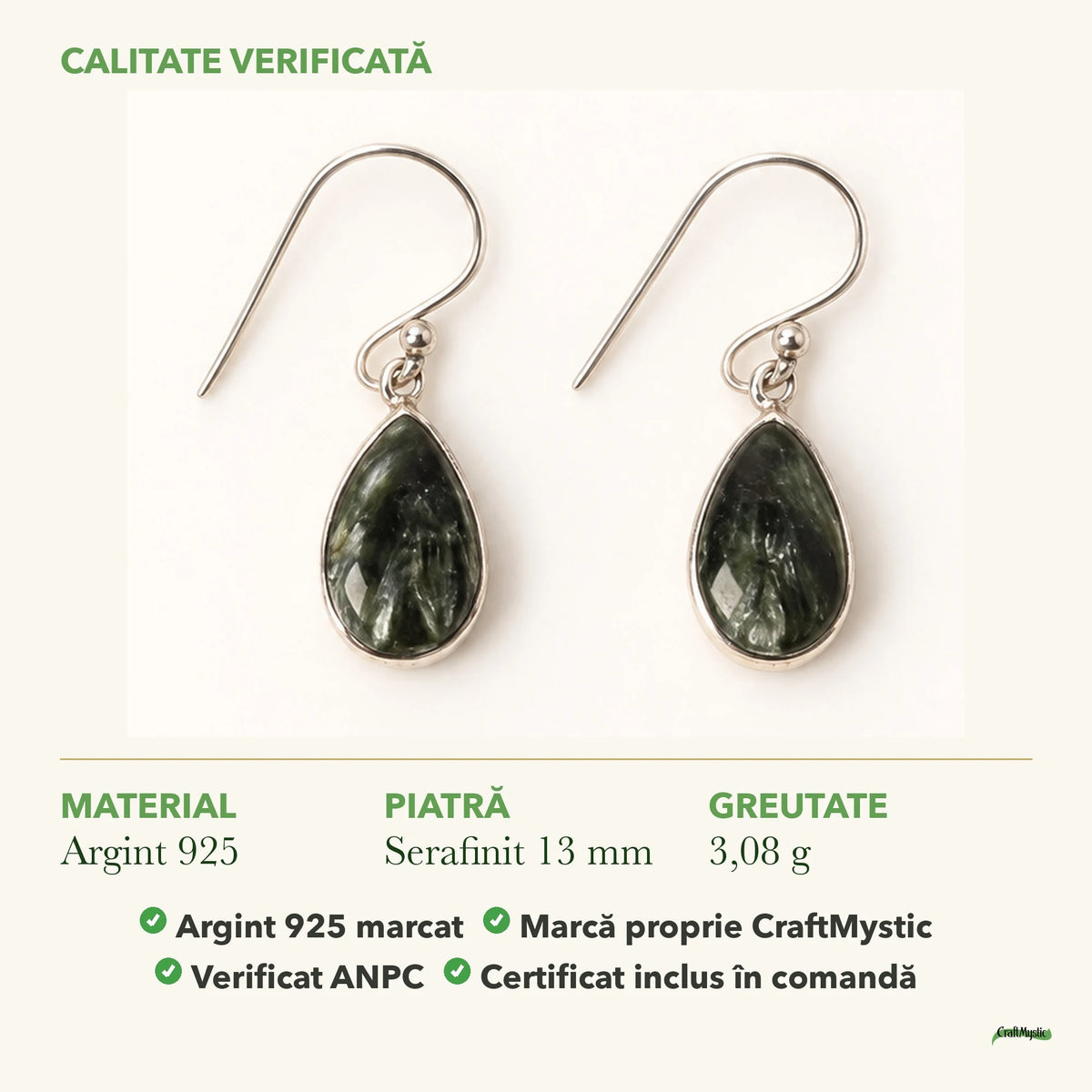 Cercei cu Serafinit: material, dimensiunea pietrei, greutate și marcajul 925