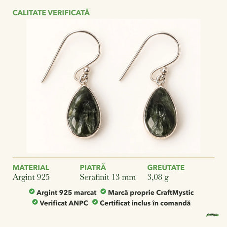 Cercei cu Serafinit: material, dimensiunea pietrei, greutate și marcajul 925