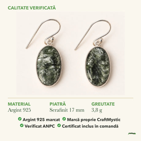 Cercei cu Serafinit: material, dimensiunea pietrei, greutate și marcajul 925