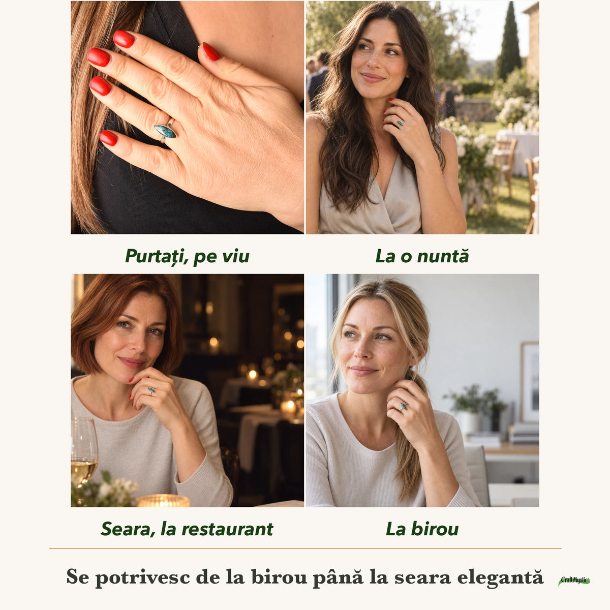 Inel cu Shattuckit purtați de patru femei, la nuntă, seara, la birou și la o aniversare