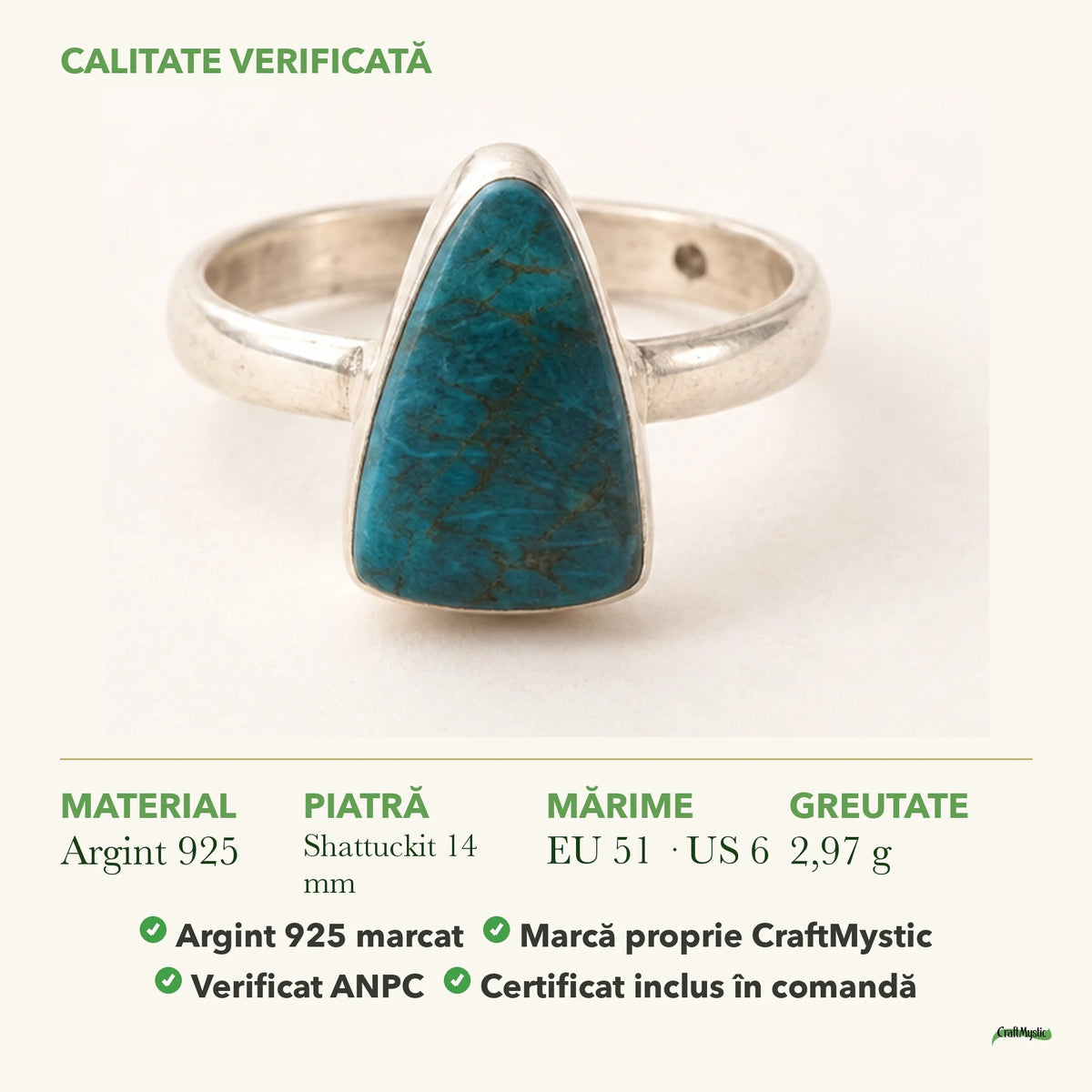 Inel cu Shattuckit: material, dimensiunea pietrei, greutate și marcajul 925