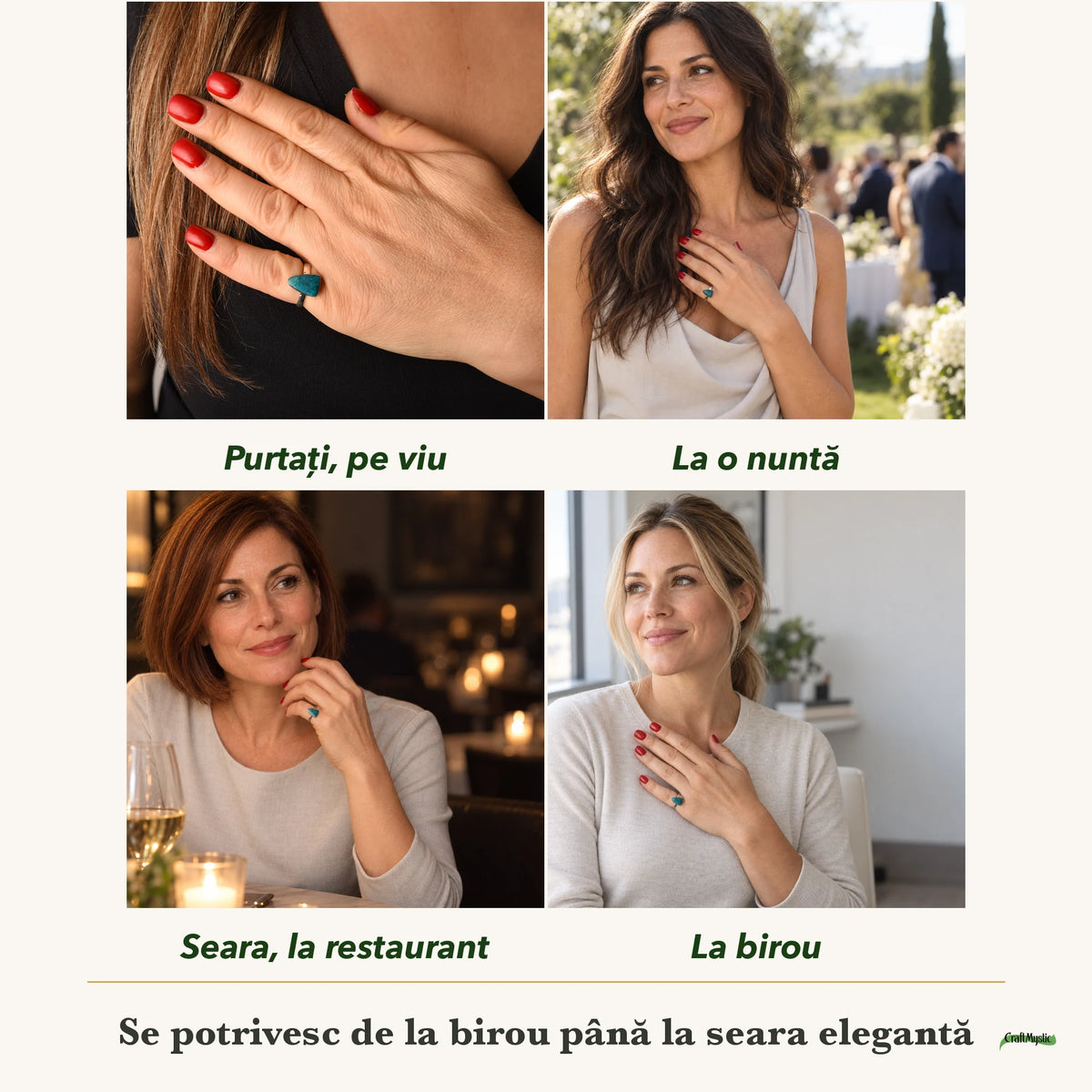 Inel cu Shattuckit purtați de patru femei, la nuntă, seara, la birou și la o aniversare