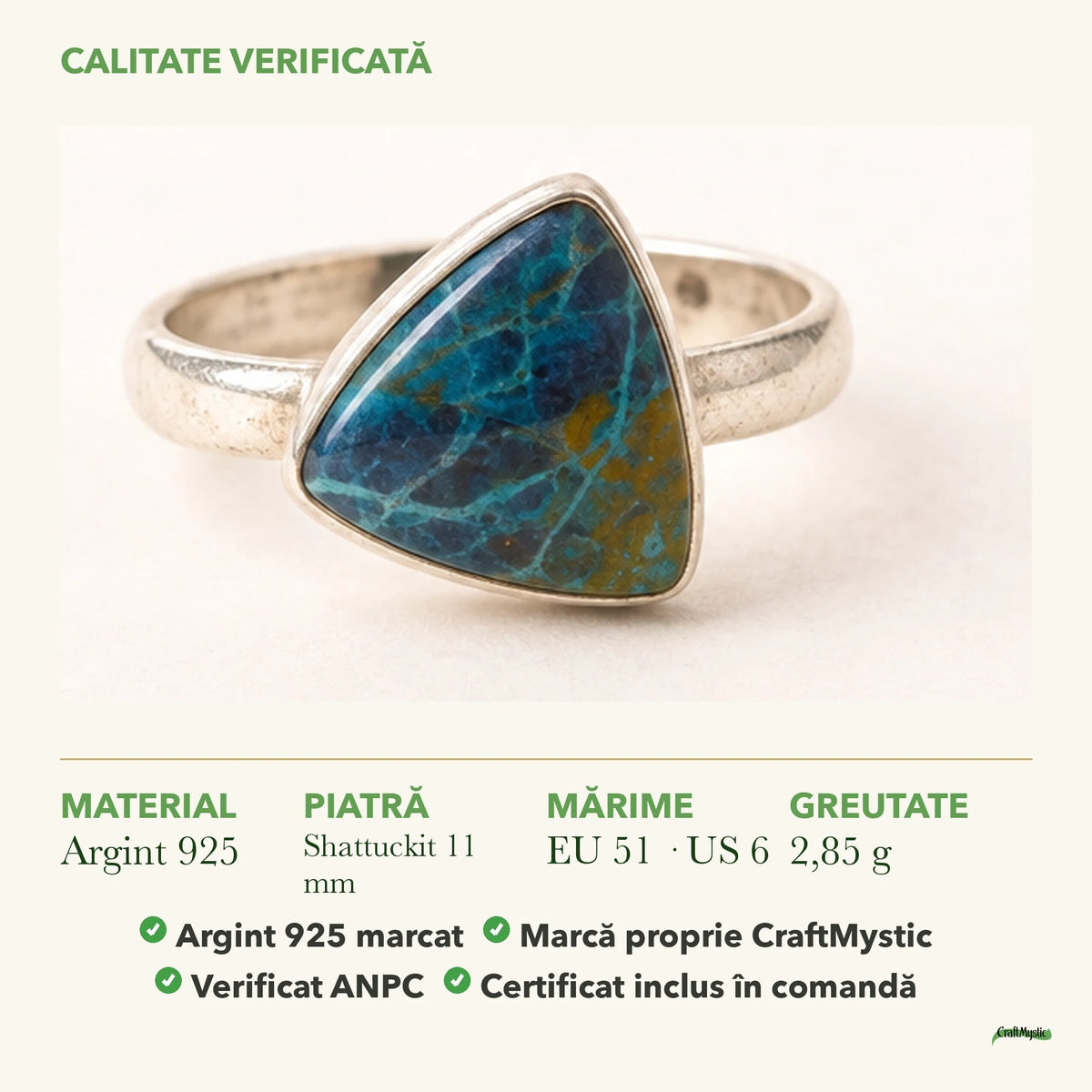 Inel cu Shattuckit: material, dimensiunea pietrei, greutate și marcajul 925
