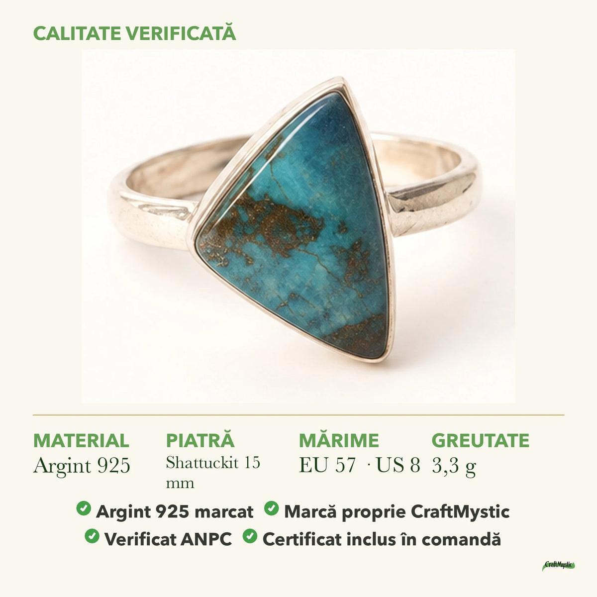 Inel cu Shattuckit: material, dimensiunea pietrei, greutate și marcajul 925
