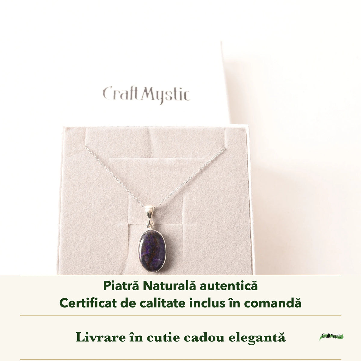 Colier cu Sugilit în cutia cadou CraftMystic, cu certificatul de calitate