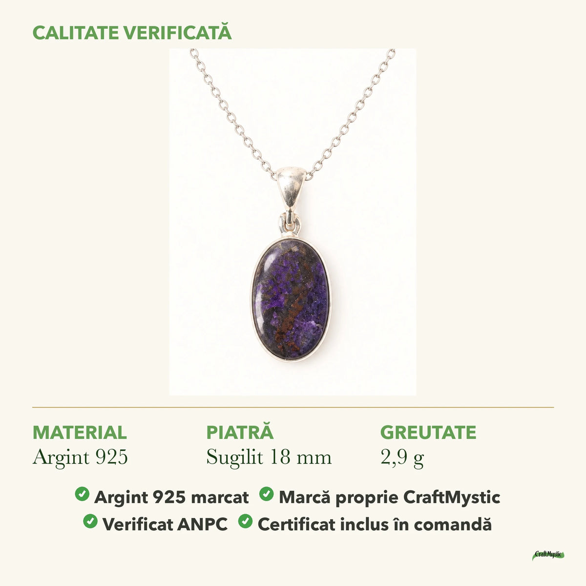 Colier cu Sugilit: material, dimensiunea pietrei, greutate și marcajul 925