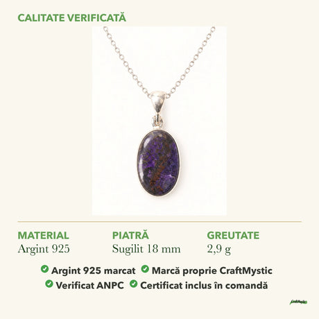 Colier cu Sugilit: material, dimensiunea pietrei, greutate și marcajul 925