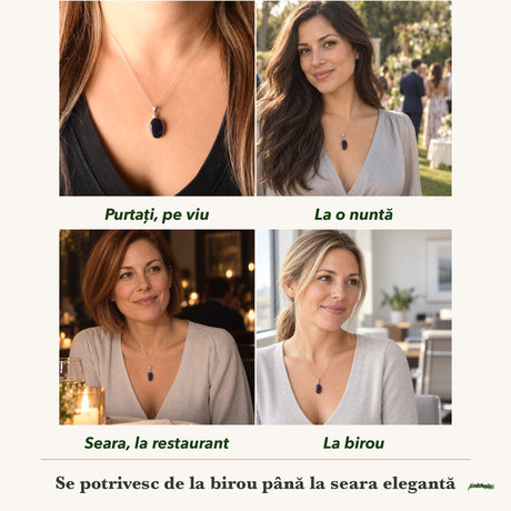 Colier cu Sugilit purtați de patru femei, la nuntă, seara, la birou și la o aniversare