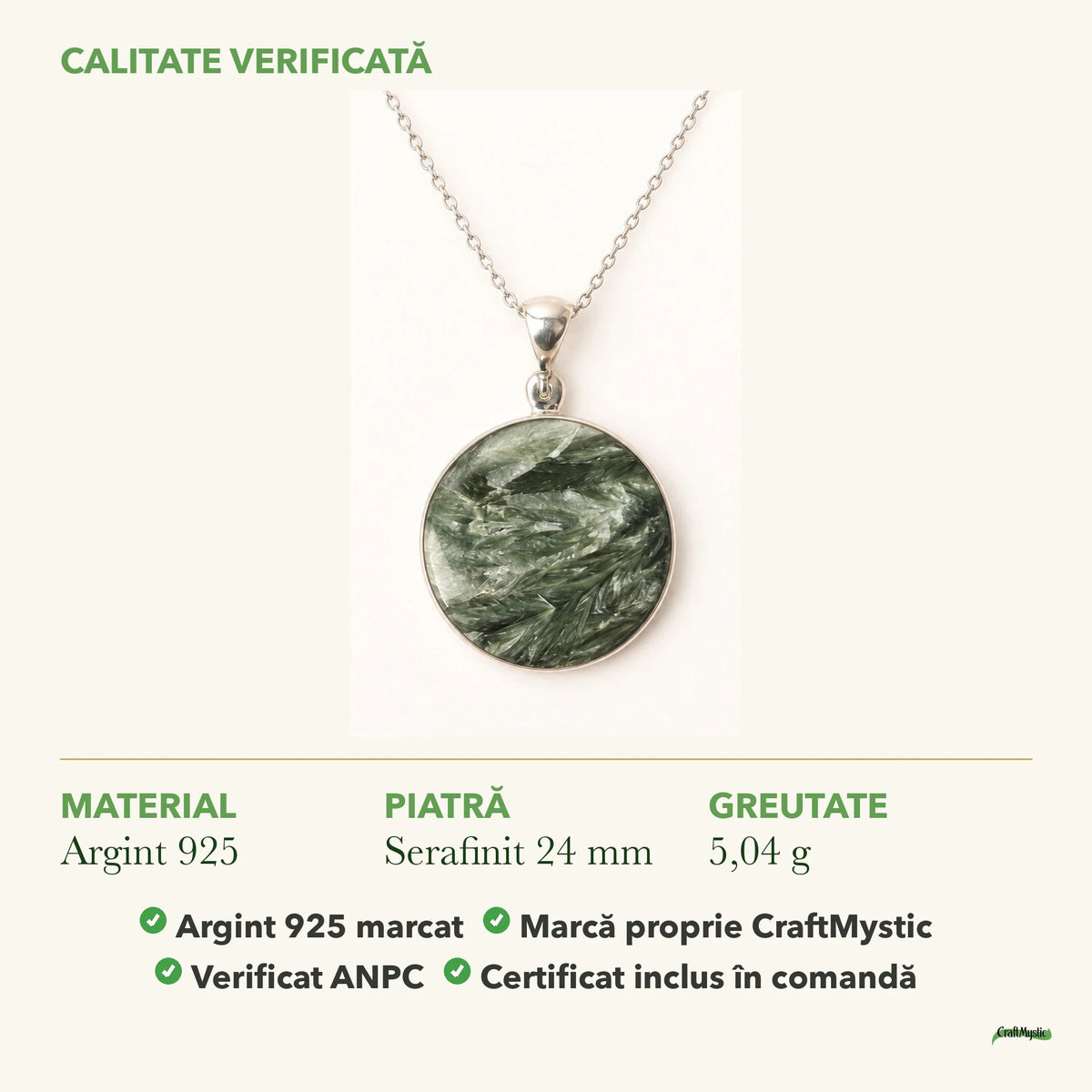 Colier cu Serafinit: material, dimensiunea pietrei, greutate și marcajul 925