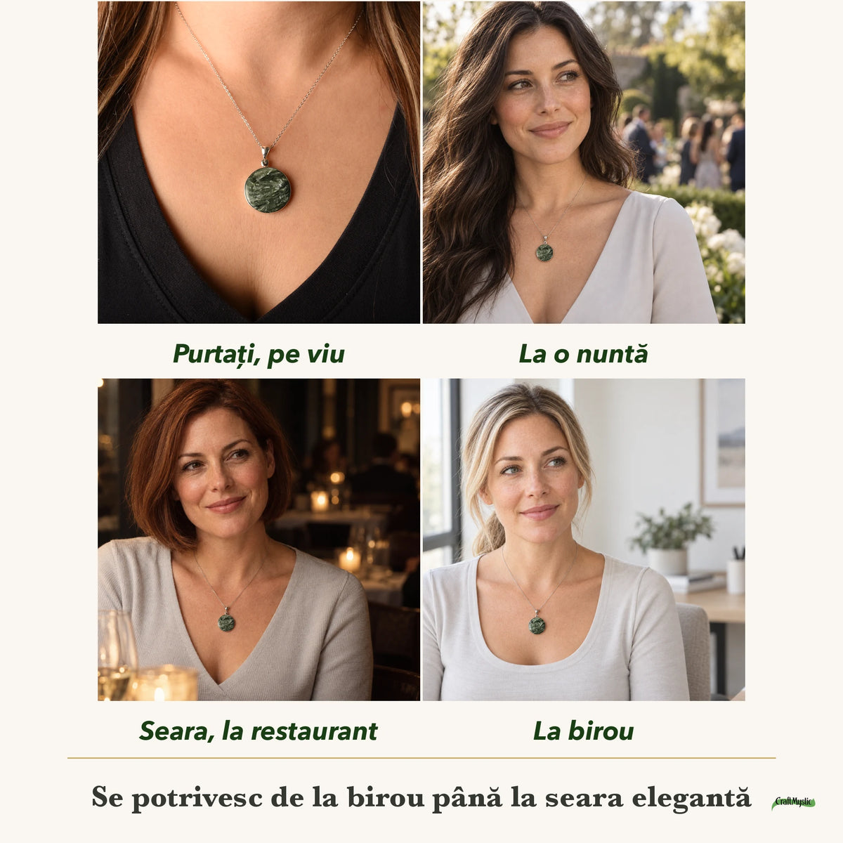 Colier cu Serafinit purtați de patru femei, la nuntă, seara, la birou și la o aniversare