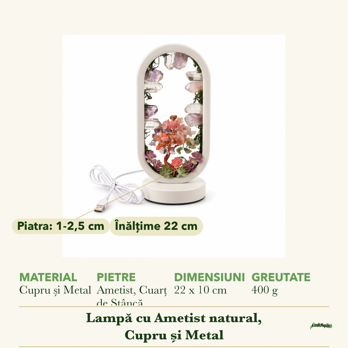 Dimensiunile și potrivirea pentru Lampă cu Ametist și Cuarț de Stâncă