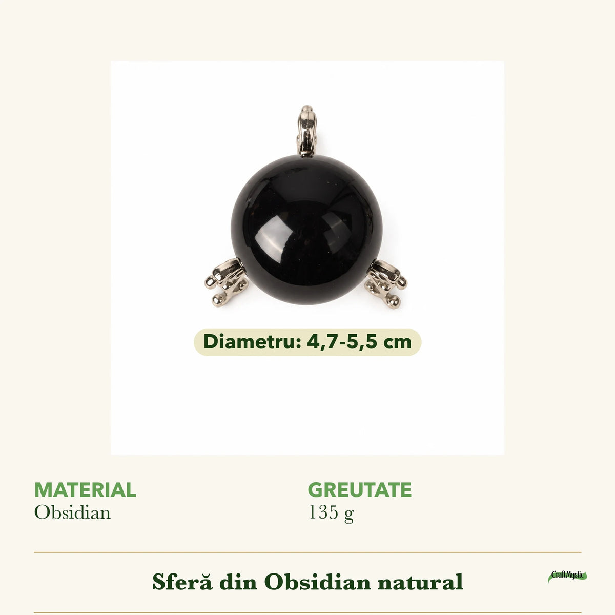 Cât de mare e Sferă cu Obsidian, cu un obiect alături pentru scară