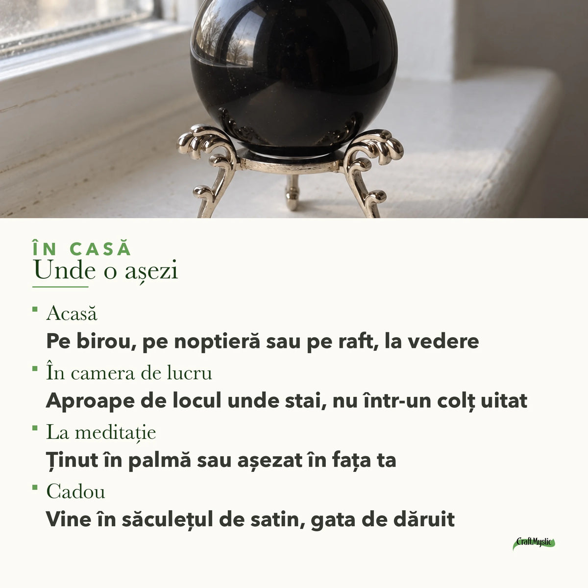 Unde se așază Sferă cu Obsidian: pe birou, pe raft sau la meditație