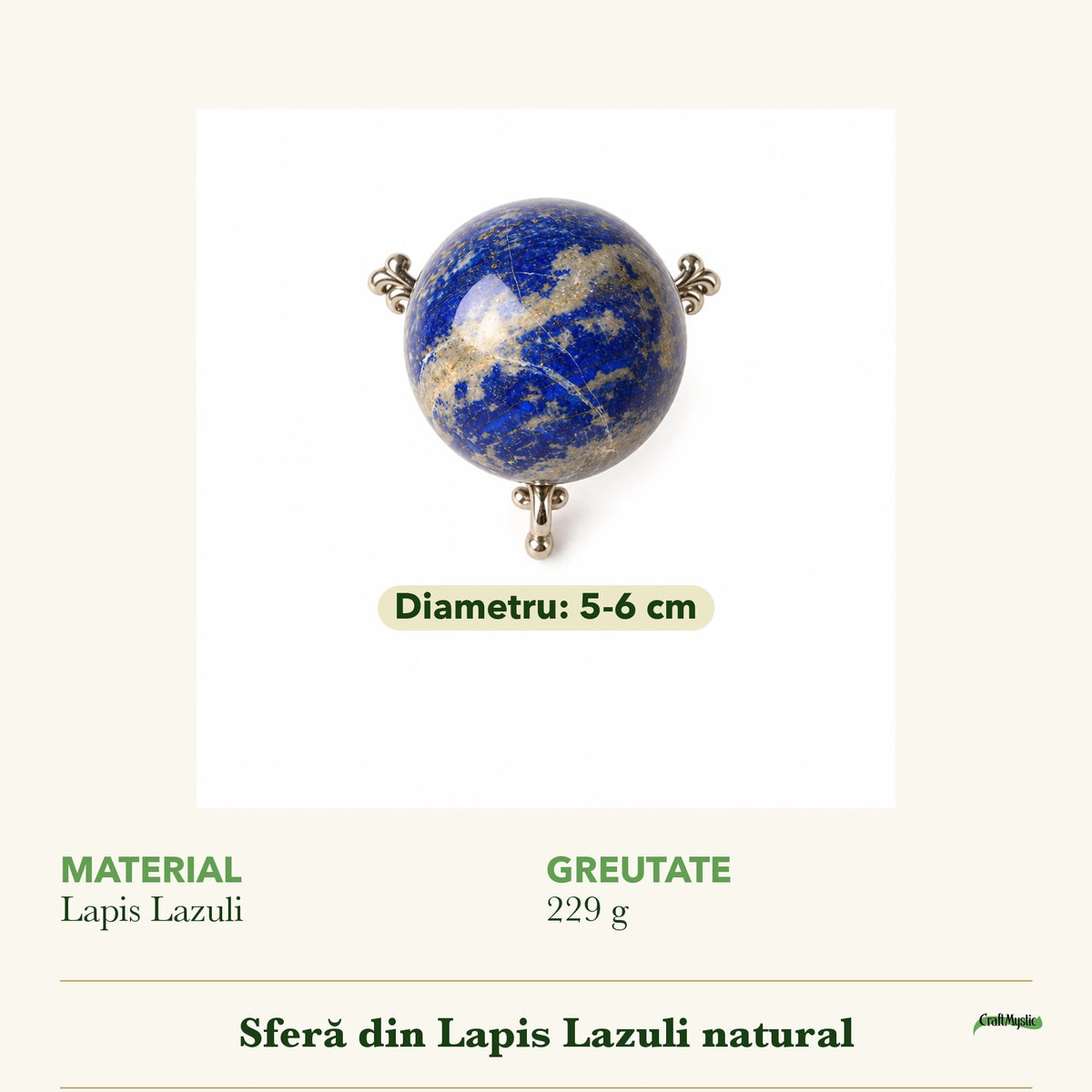 Cât de mare e Sferă cu Lapis Lazuli, cu un obiect alături pentru scară