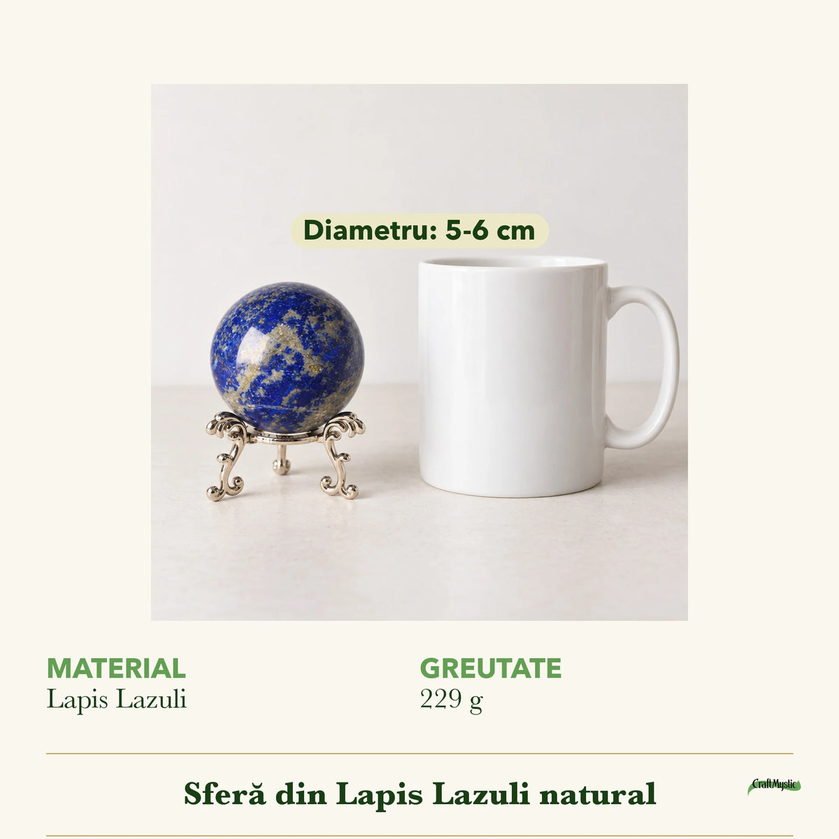 Cât de mare e Sferă cu Lapis Lazuli, cu un obiect alături pentru scară