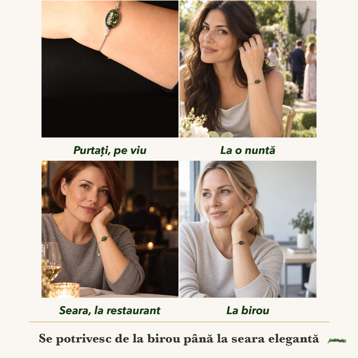 Brățară cu Chihlimbar purtați de patru femei, la nuntă, seara, la birou și la o aniversare