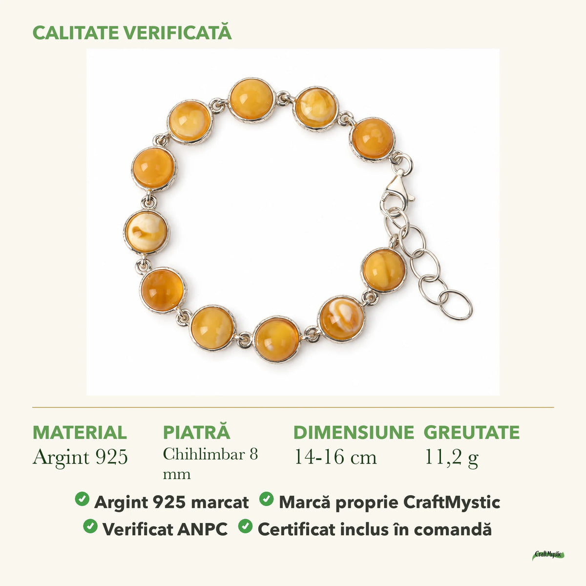 Brățară cu Chihlimbar: material, dimensiunea pietrei, greutate și marcajul 925