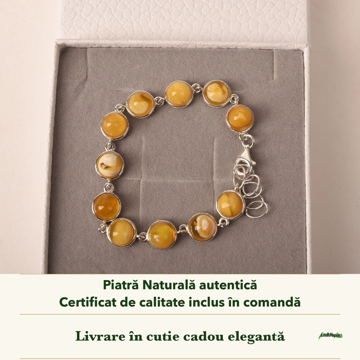 Brățară cu Chihlimbar în cutia cadou CraftMystic, cu certificatul de calitate
