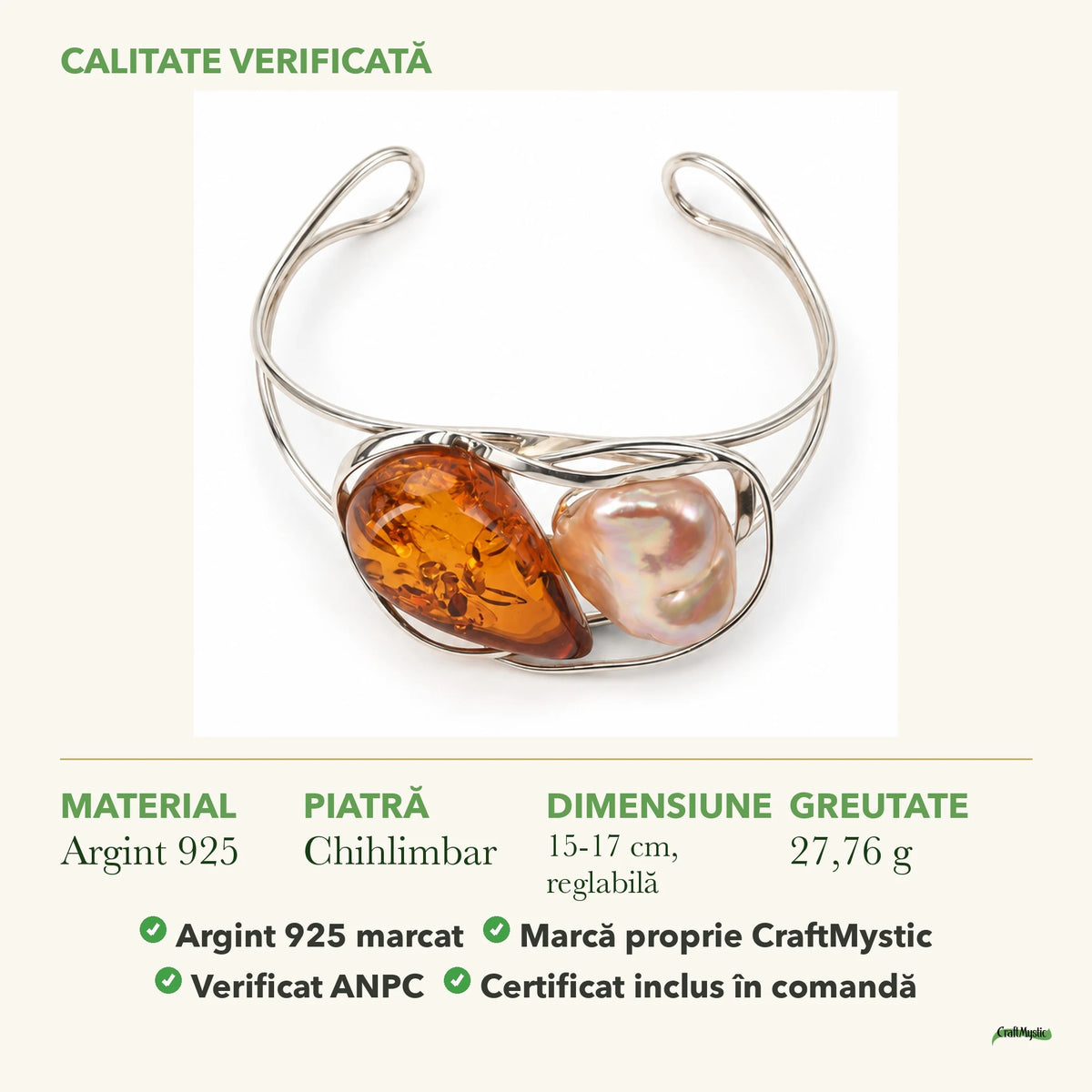 Brățară cu Chihlimbar și Sidef: material, dimensiunea pietrei, greutate și marcajul 925