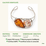 Brățară cu Chihlimbar și Sidef: material, dimensiunea pietrei, greutate și marcajul 925