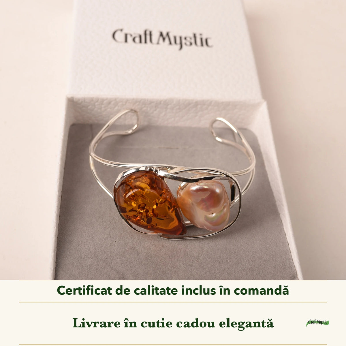 Brățară cu Chihlimbar și Sidef în cutia cadou CraftMystic, cu certificatul de calitate