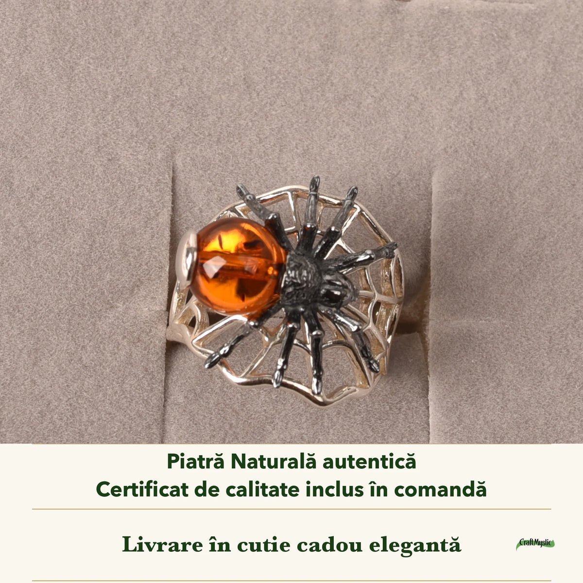 Inel cu Chihlimbar în cutia cadou CraftMystic, cu certificatul de calitate