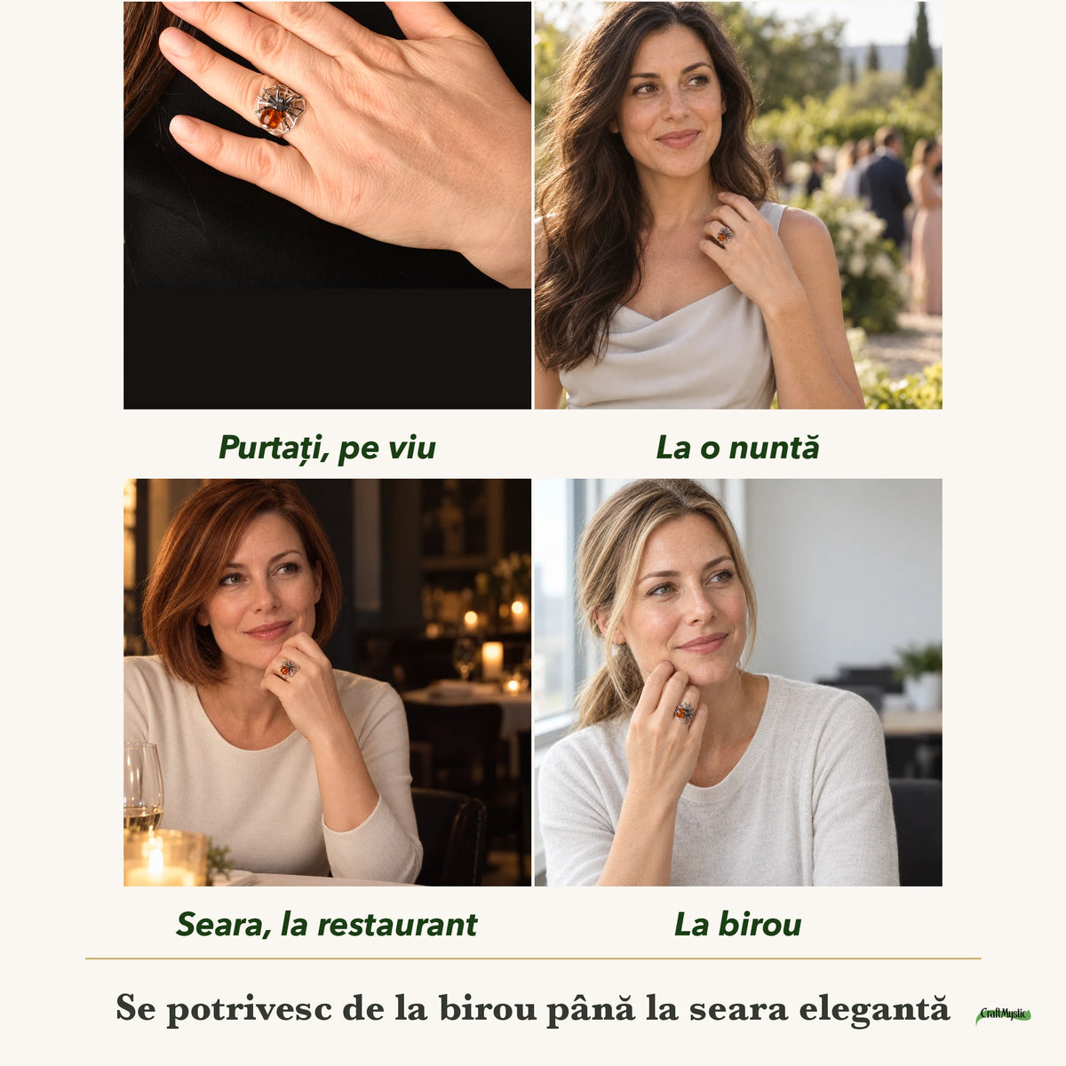 Inel cu Chihlimbar purtați de patru femei, la nuntă, seara, la birou și la o aniversare
