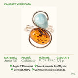 Inel cu Chihlimbar și Larimar: material, dimensiunea pietrei, greutate și marcajul 925