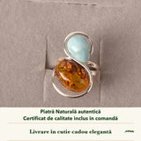 Inel cu Chihlimbar și Larimar în cutia cadou CraftMystic, cu certificatul de calitate