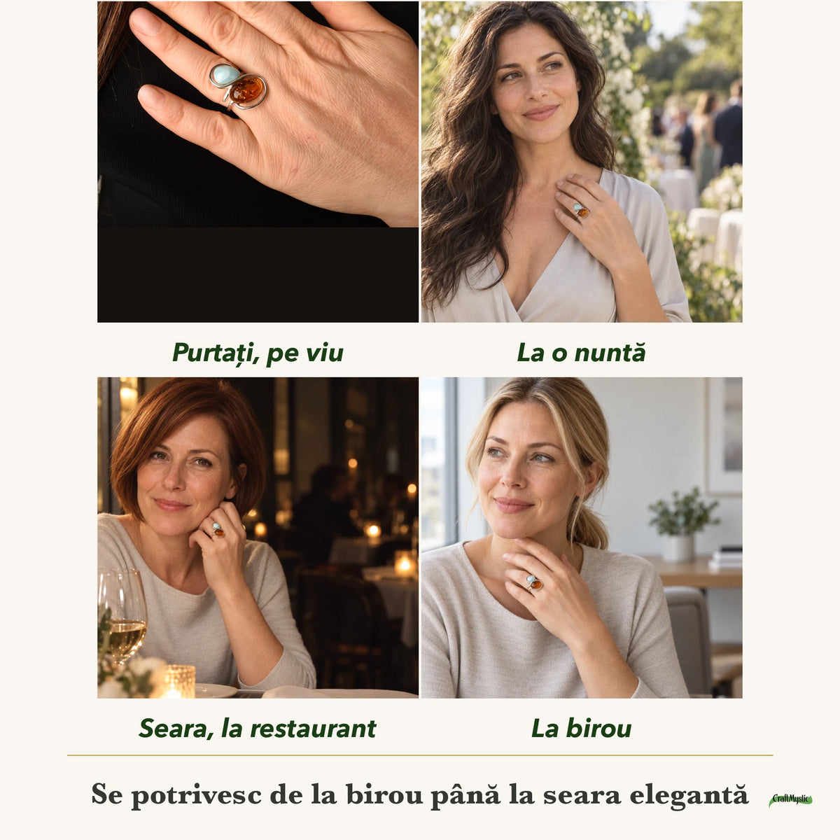 Inel cu Chihlimbar și Larimar purtați de patru femei, la nuntă, seara, la birou și la o aniversare