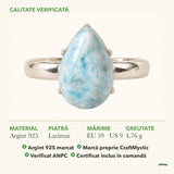 Inel cu Larimar: material, dimensiunea pietrei, greutate și marcajul 925