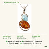 Colier cu Chihlimbar și Larimar: material, dimensiunea pietrei, greutate și marcajul 925