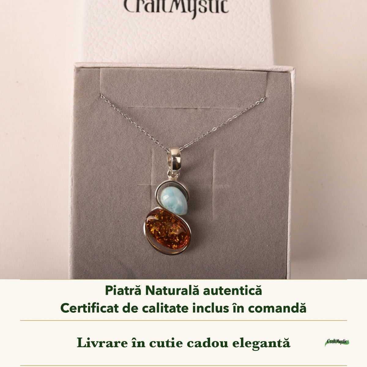 Colier cu Chihlimbar și Larimar în cutia cadou CraftMystic, cu certificatul de calitate