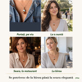 Colier cu Chihlimbar și Larimar purtați de patru femei, la nuntă, seara, la birou și la o aniversare