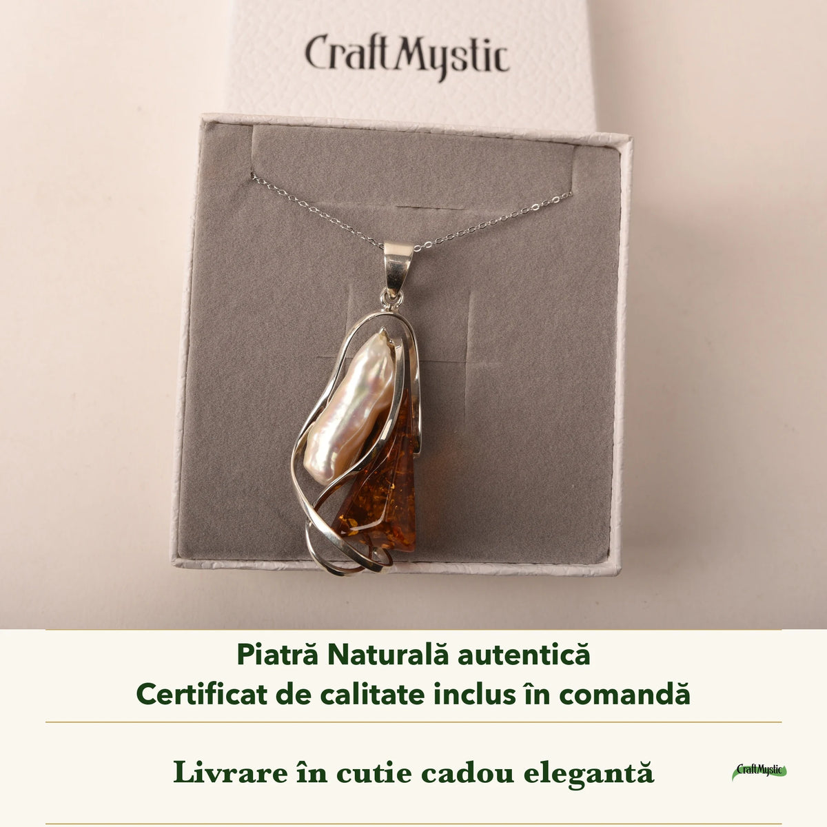 Colier cu Chihlimbar și Sidef în cutia cadou CraftMystic, cu certificatul de calitate