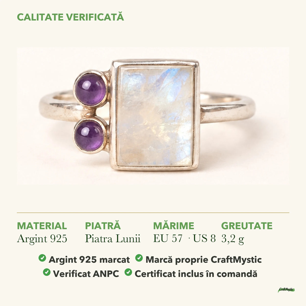 Inel cu Piatra Lunii: material, dimensiunea pietrei, greutate și marcajul 925