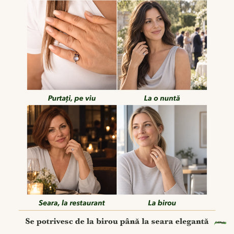 Inel cu Piatra Lunii purtați de patru femei, la nuntă, seara, la birou și la o aniversare