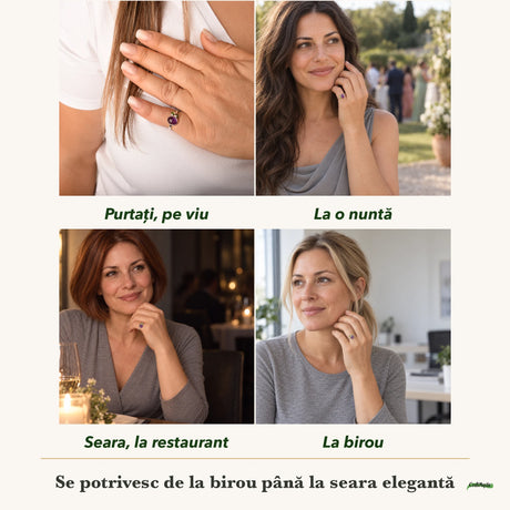 Inel cu Ametist purtați de patru femei, la nuntă, seara, la birou și la o aniversare