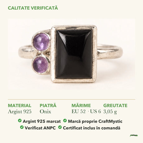 Inel cu Onix: material, dimensiunea pietrei, greutate și marcajul 925