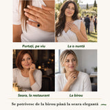 Inel cu Onix purtați de patru femei, la nuntă, seara, la birou și la o aniversare