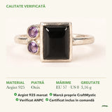 Inel cu Onix: material, dimensiunea pietrei, greutate și marcajul 925