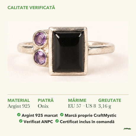 Inel cu Onix: material, dimensiunea pietrei, greutate și marcajul 925