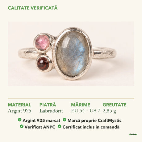Inel cu Labradorit: material, dimensiunea pietrei, greutate și marcajul 925