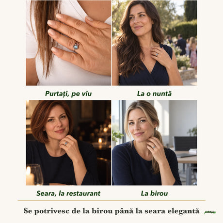 Inel cu Labradorit purtați de patru femei, la nuntă, seara, la birou și la o aniversare