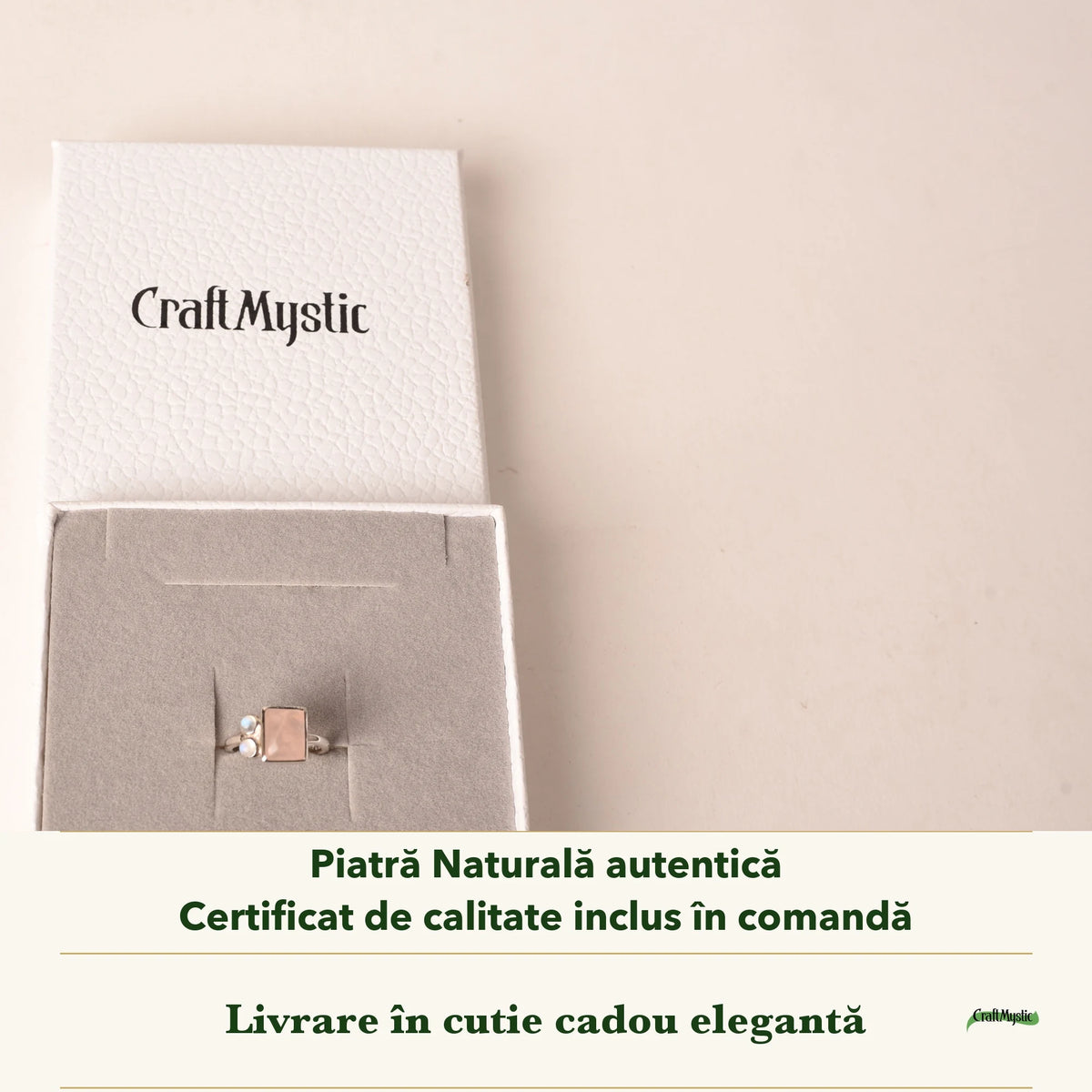 Inel cu Cuarț Roz în cutia cadou CraftMystic, cu certificatul de calitate