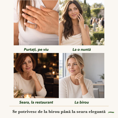 Inel cu Cuarț Roz purtați de patru femei, la nuntă, seara, la birou și la o aniversare