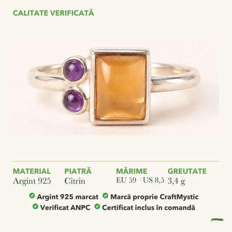 Inel cu Citrin: material, dimensiunea pietrei, greutate și marcajul 925